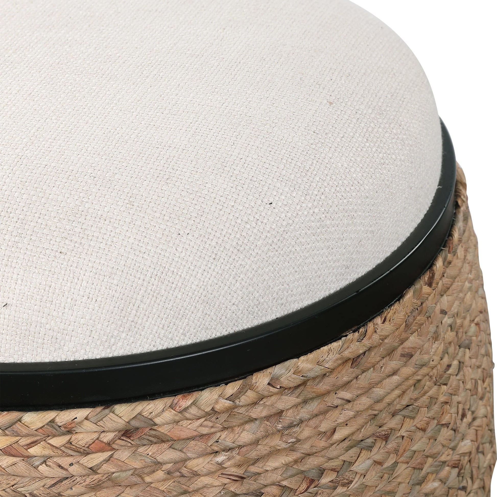 Island Straw Accent Stool by Uttermost. Made from mdf, straw, iron, foam, liene, dacron in a coastal style.