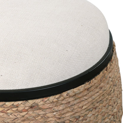 Island Straw Accent Stool by Uttermost. Made from mdf, straw, iron, foam, liene, dacron in a coastal style.