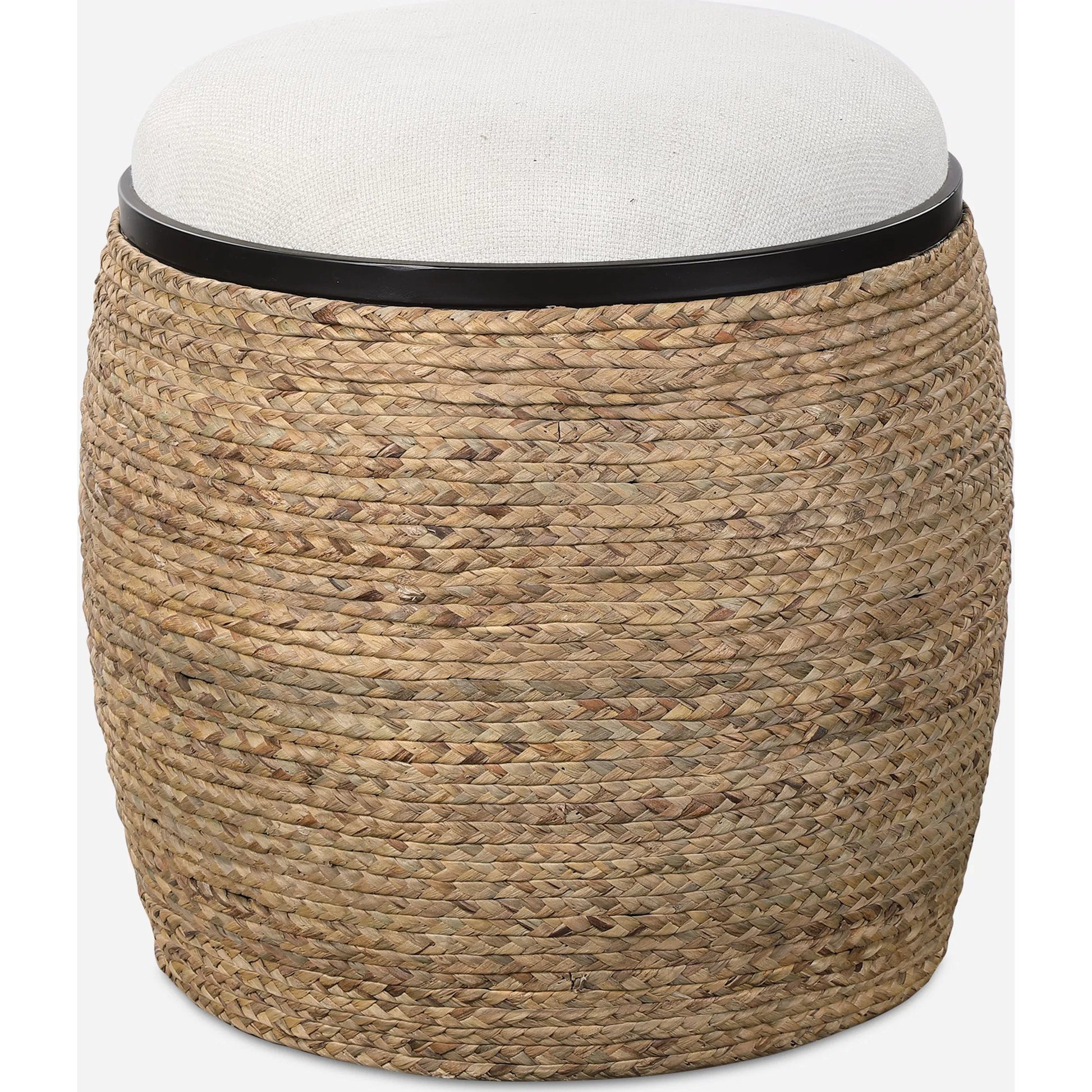 Island Straw Accent Stool by Uttermost. Made from mdf, straw, iron, foam, liene, dacron in a coastal style.