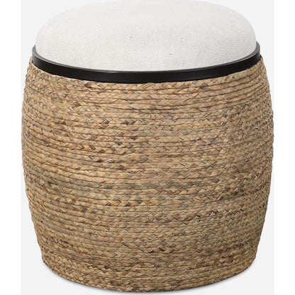Island Straw Accent Stool by Uttermost. Made from mdf, straw, iron, foam, liene, dacron in a coastal style.