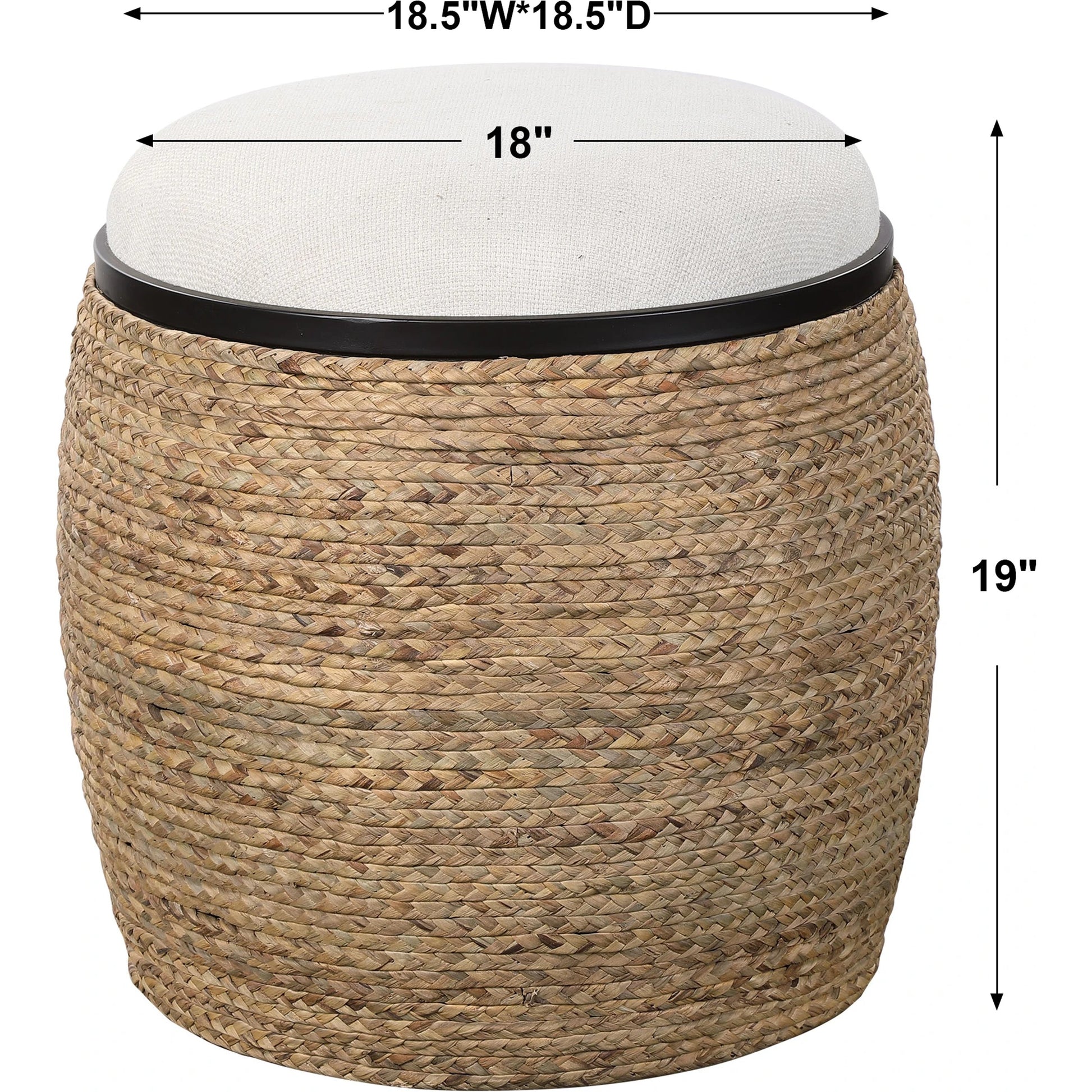 Island Straw Accent Stool by Uttermost. Made from mdf, straw, iron, foam, liene, dacron in a coastal style.