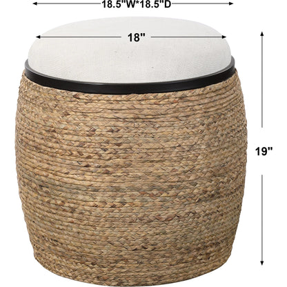 Island Straw Accent Stool by Uttermost. Made from mdf, straw, iron, foam, liene, dacron in a coastal style.