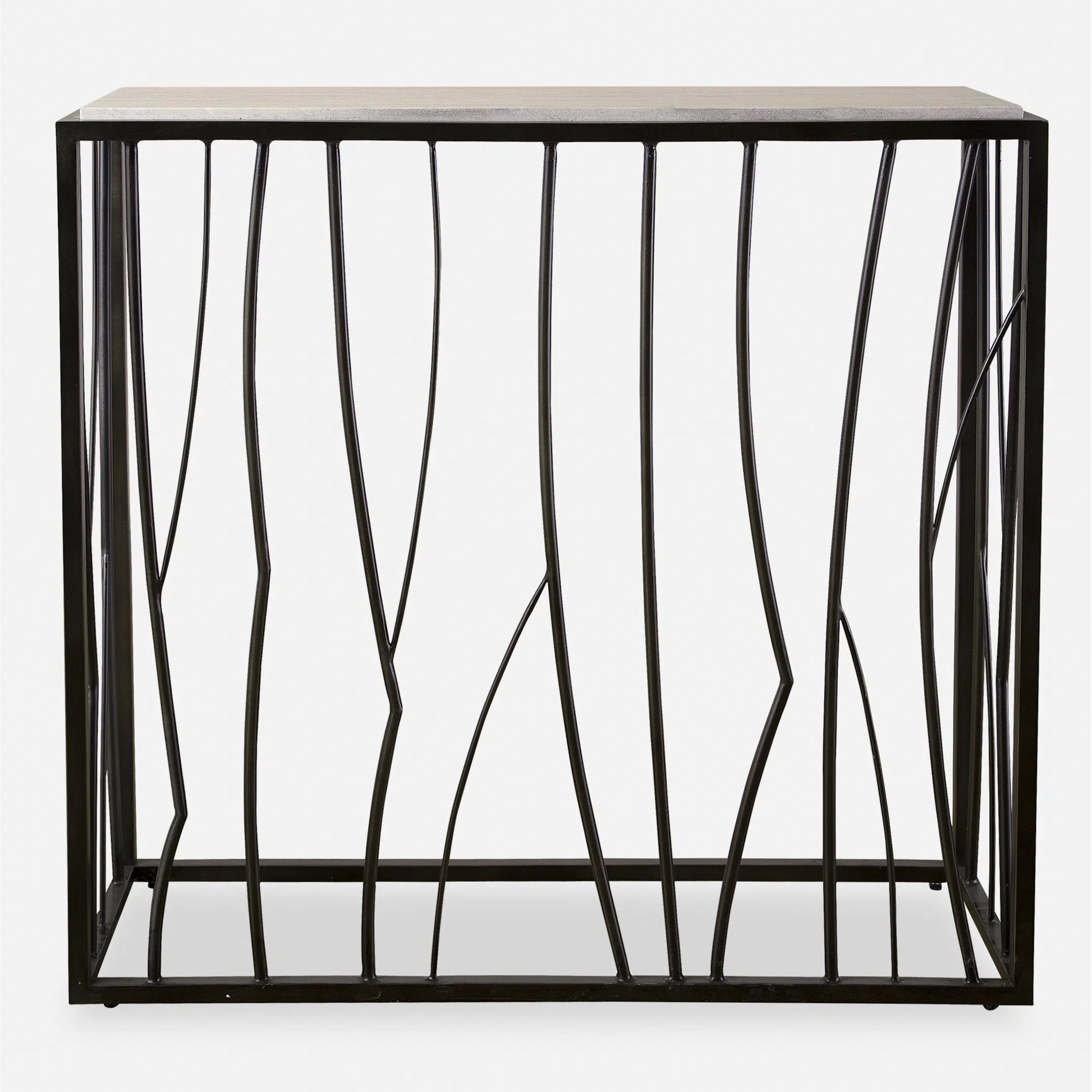 Reed Travertine Console Table by Uttermost. Made from metal, stone in a modern style.