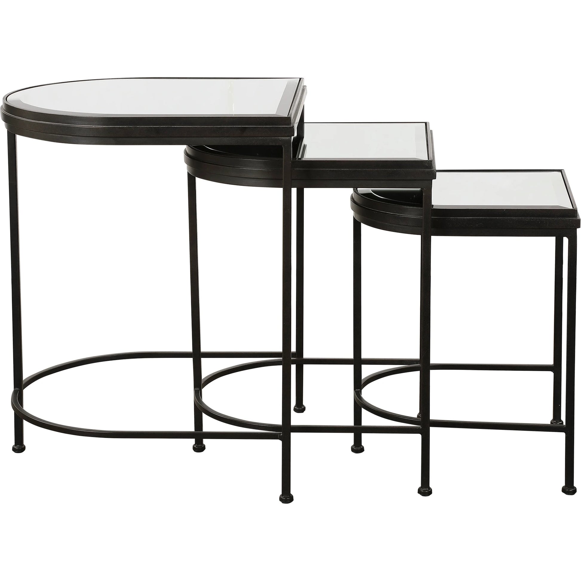 India Nesting Tables by Uttermost in antique brushed gold. Made from mirror 45%, iron 55% in a transitional style.