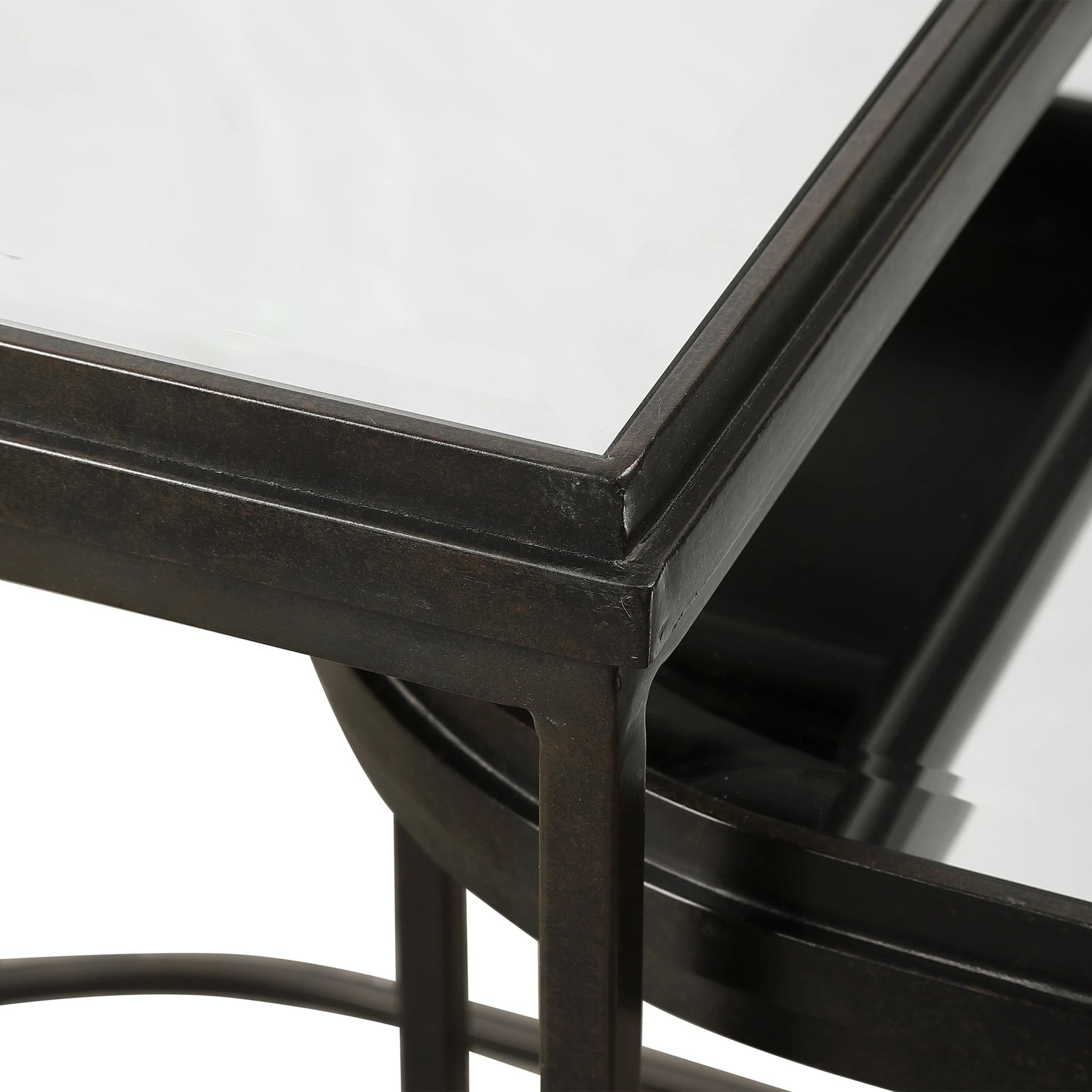 India Nesting Tables by Uttermost in antique brushed gold. Made from mirror 45%, iron 55% in a transitional style.