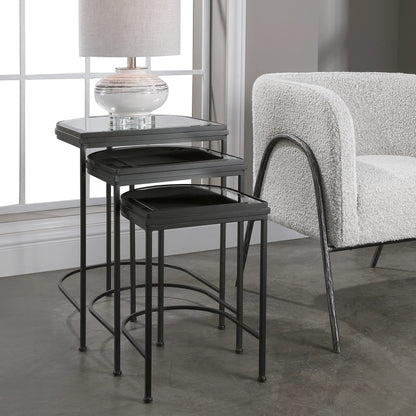 India Nesting Tables by Uttermost in antique brushed gold. Made from mirror 45%, iron 55% in a transitional style.