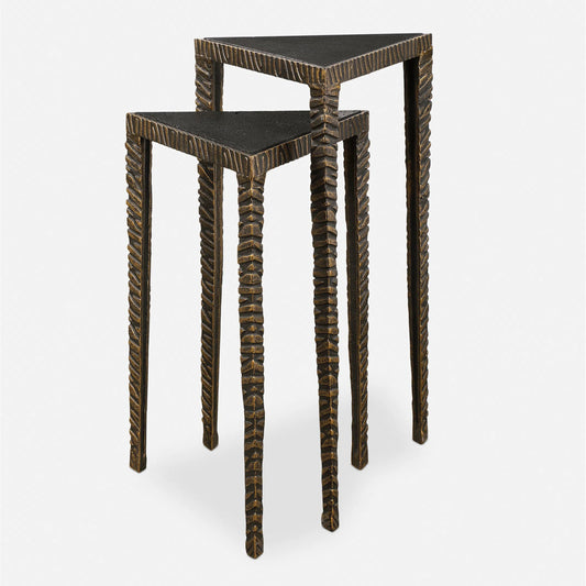 Samiria Triangular Accent Tables by Uttermost. Made from man made lava stone 39%, casting iron 61% in a eclectic & global style.