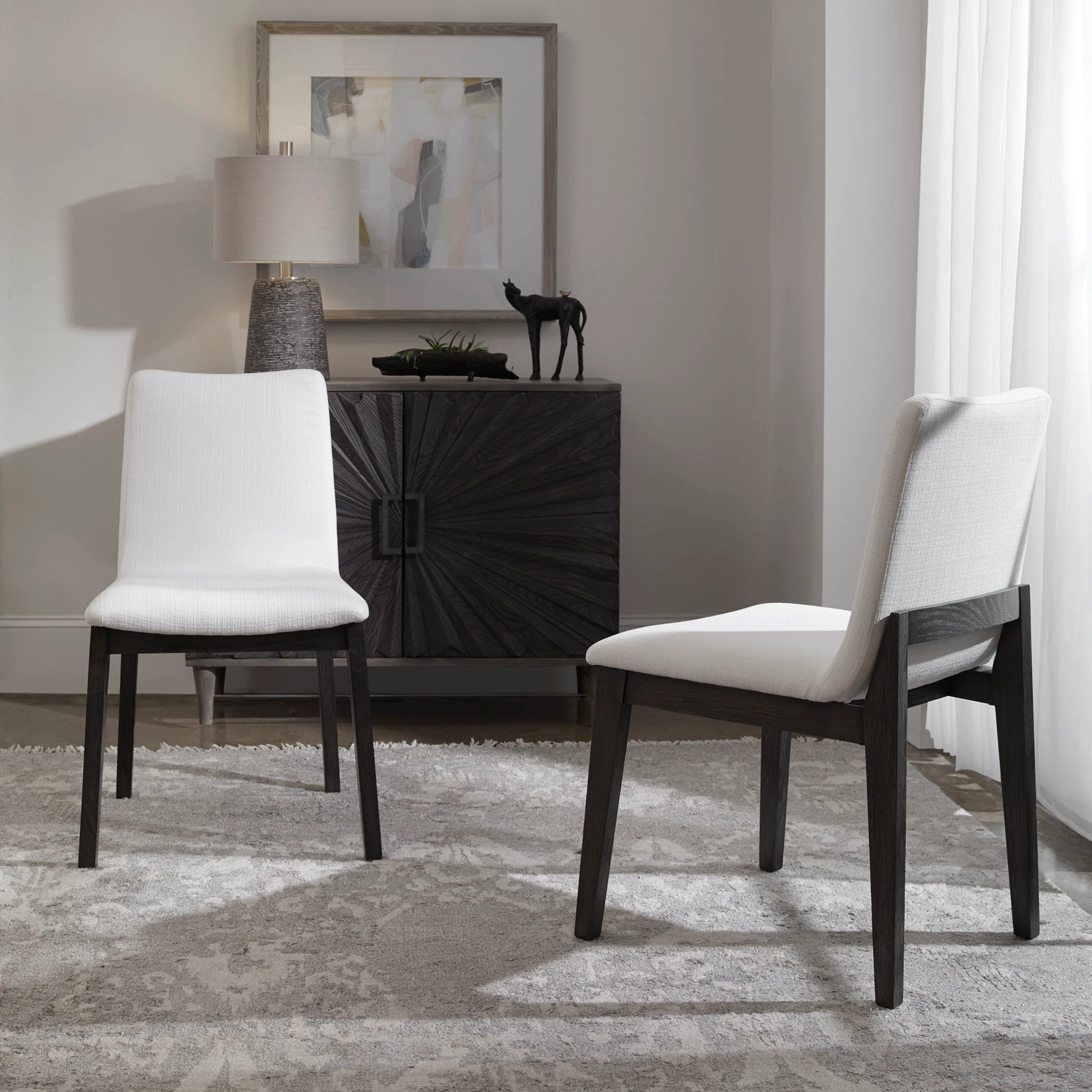 Delano Armless Chair (Set of 2) by Uttermost in white. Made from oak wood, bent wood, fabric, foam in a modern style.