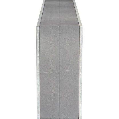 Aerina Console Table by Uttermost in gray. Made from mix wood with tsca title vi, faux shagreen, veneer in a modern style.
