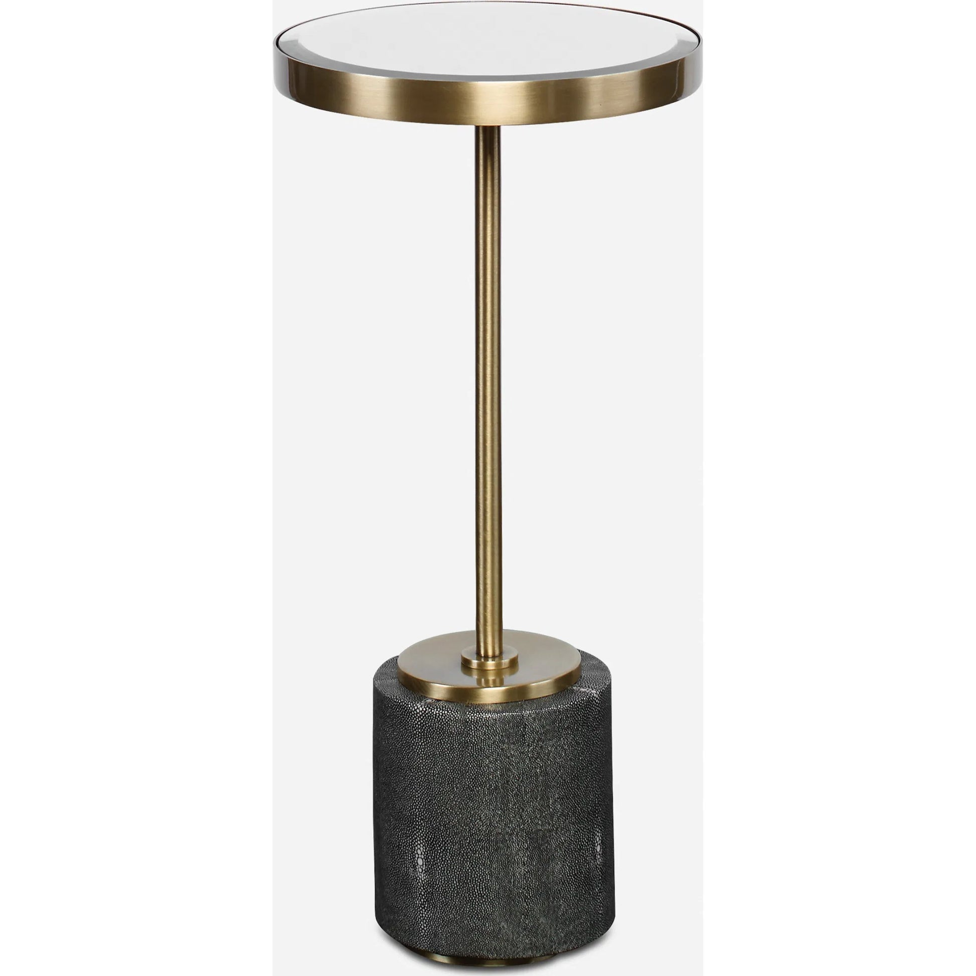 Laurier Accent Table by Uttermost in brass. Made from 50% iron, 15% glass, 10% faux ful, 25% pine wood in a transitional style.