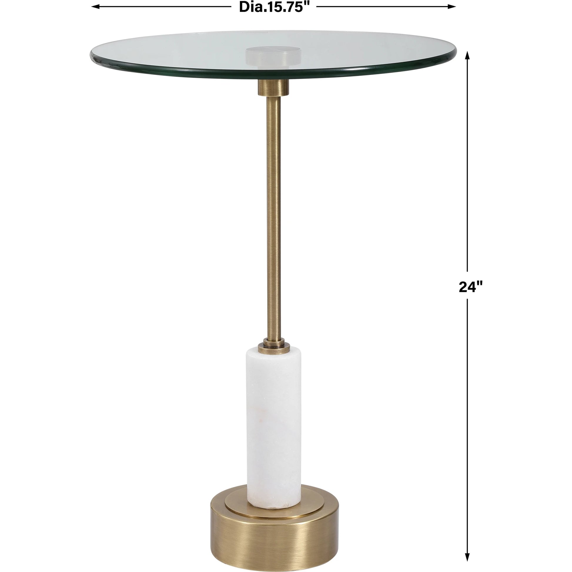 Portsmouth Accent Table by Uttermost in brushed brass. Made from iron, marble, glass in a modern style.