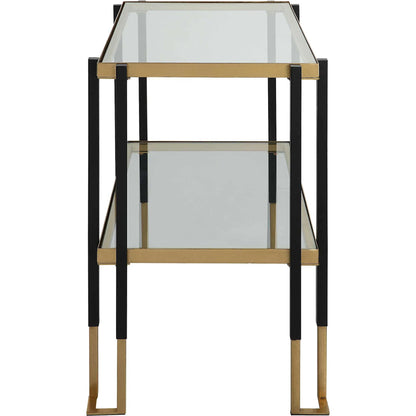 Kentmore Side Table by Uttermost in matte black, brushed gold. Made from iron, tempered glass in a transitional style.