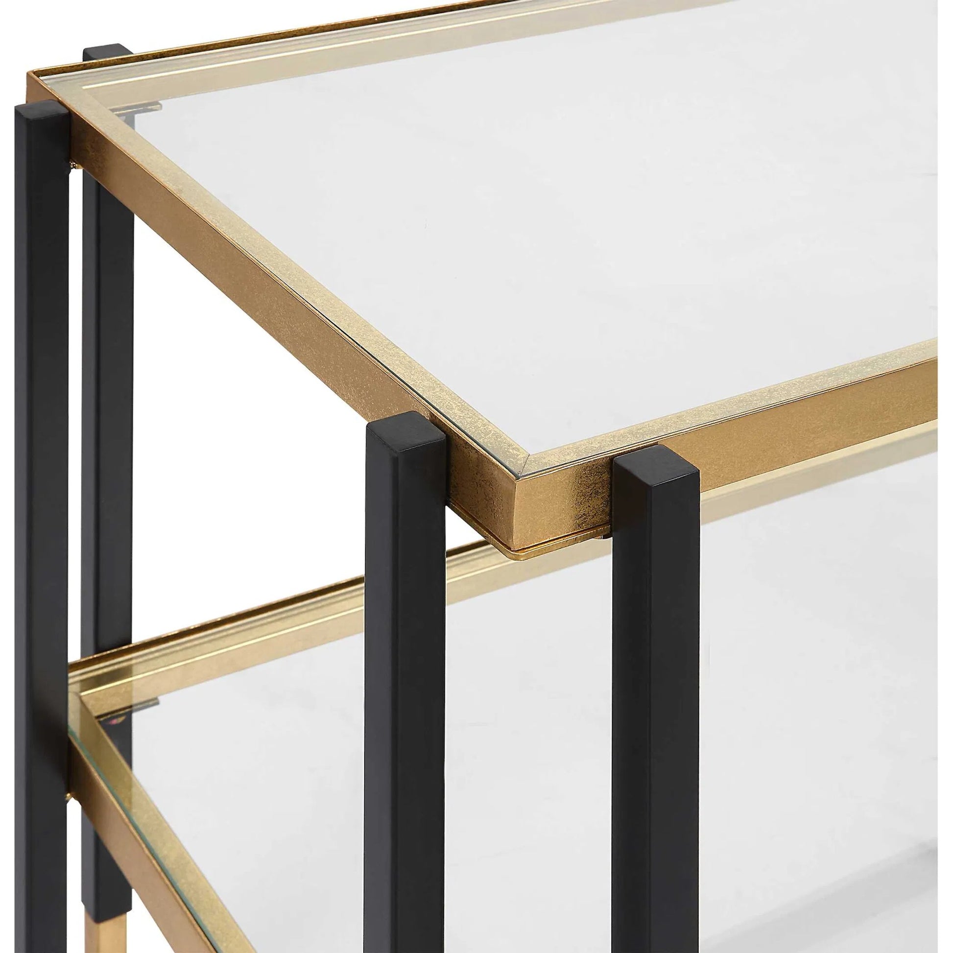 Kentmore Side Table by Uttermost in matte black, brushed gold. Made from iron, tempered glass in a transitional style.
