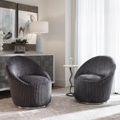 Crue Swivel Chair by Uttermost. Made from plywood, hardwood, fabric, foam, stainless steel in a modern style.