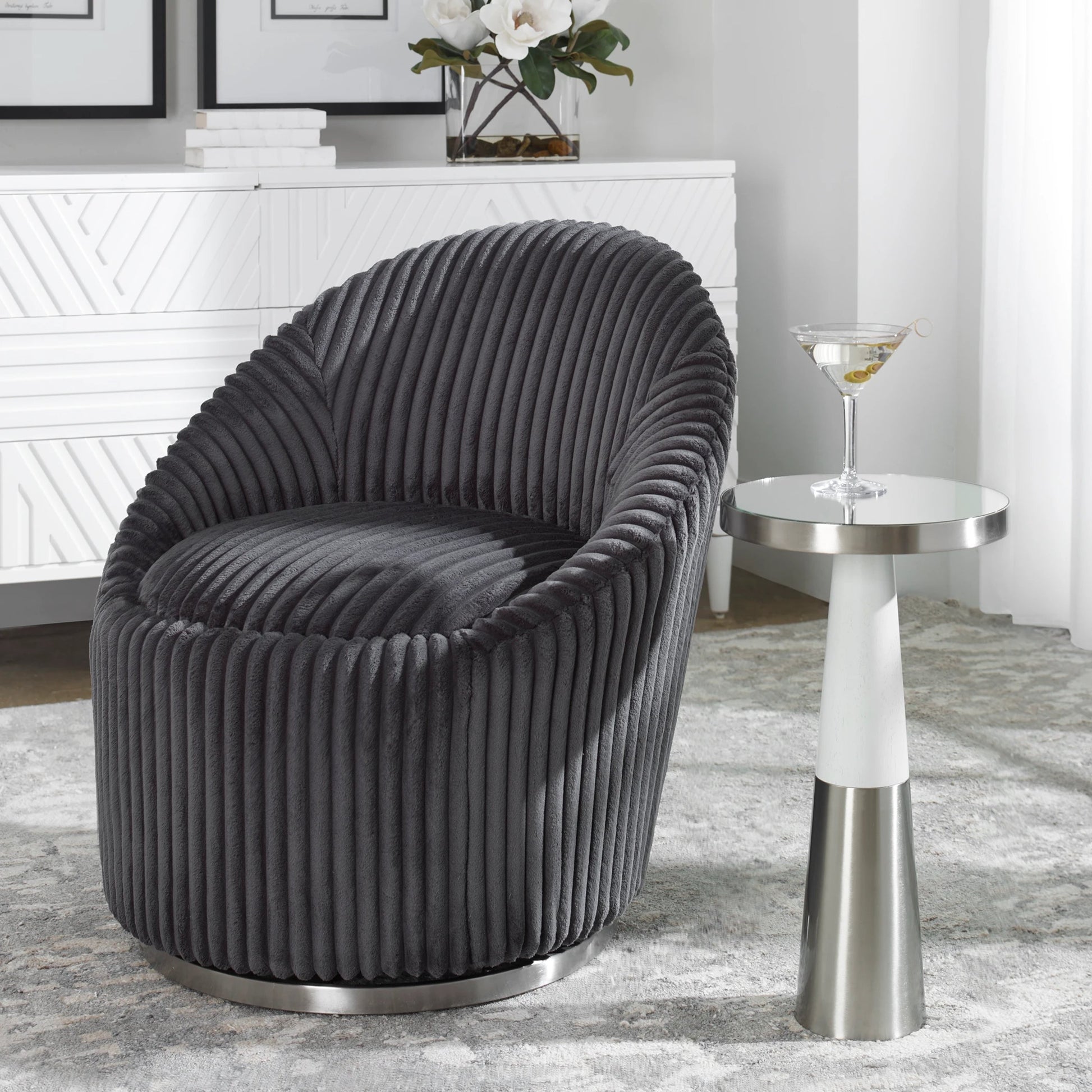 Fortier Accent Table by Uttermost in black. Made from 50% iron, 10% glass, 40% rubber wood in a eclectic & global style.