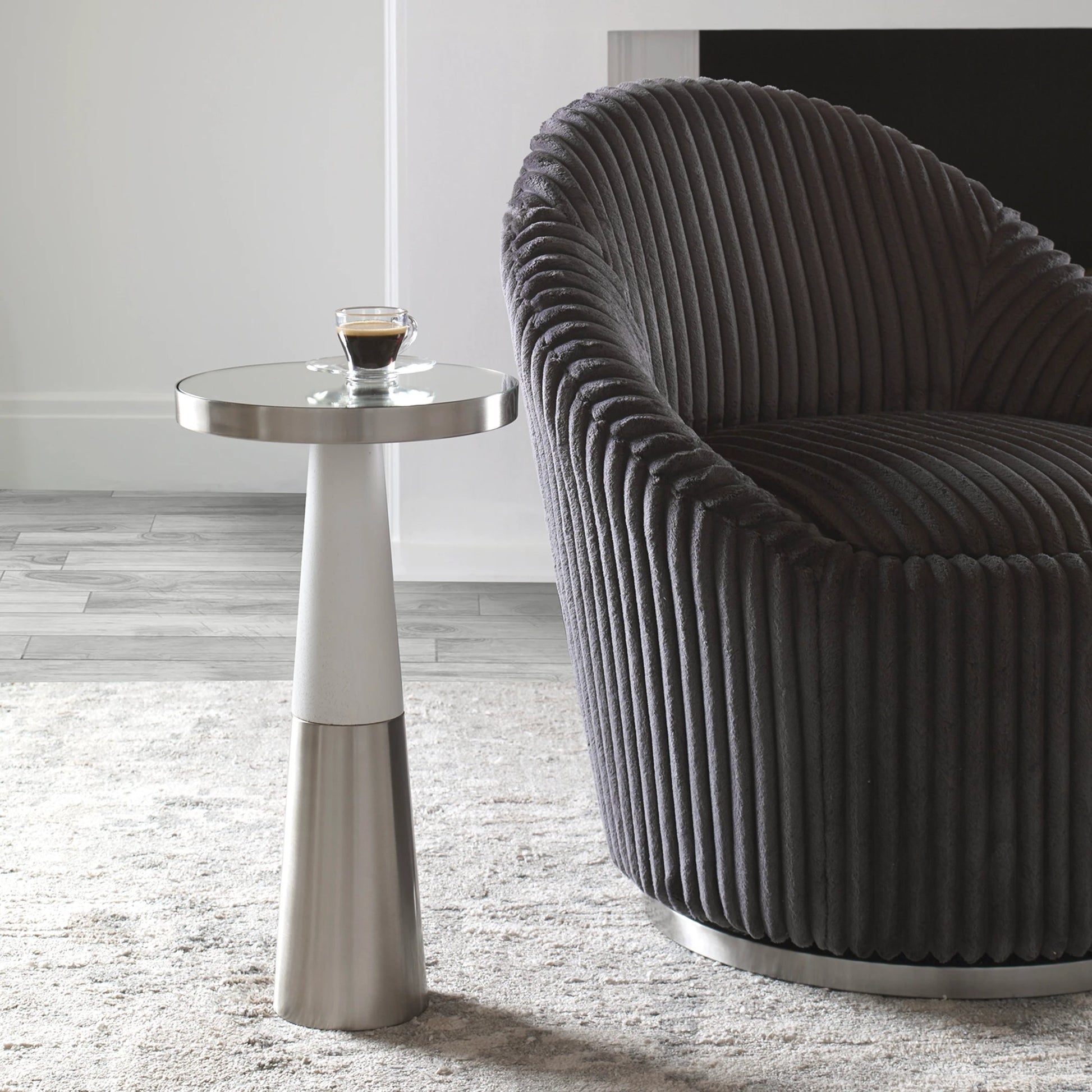 Fortier Accent Table by Uttermost in black. Made from 50% iron, 10% glass, 40% rubber wood in a eclectic & global style.