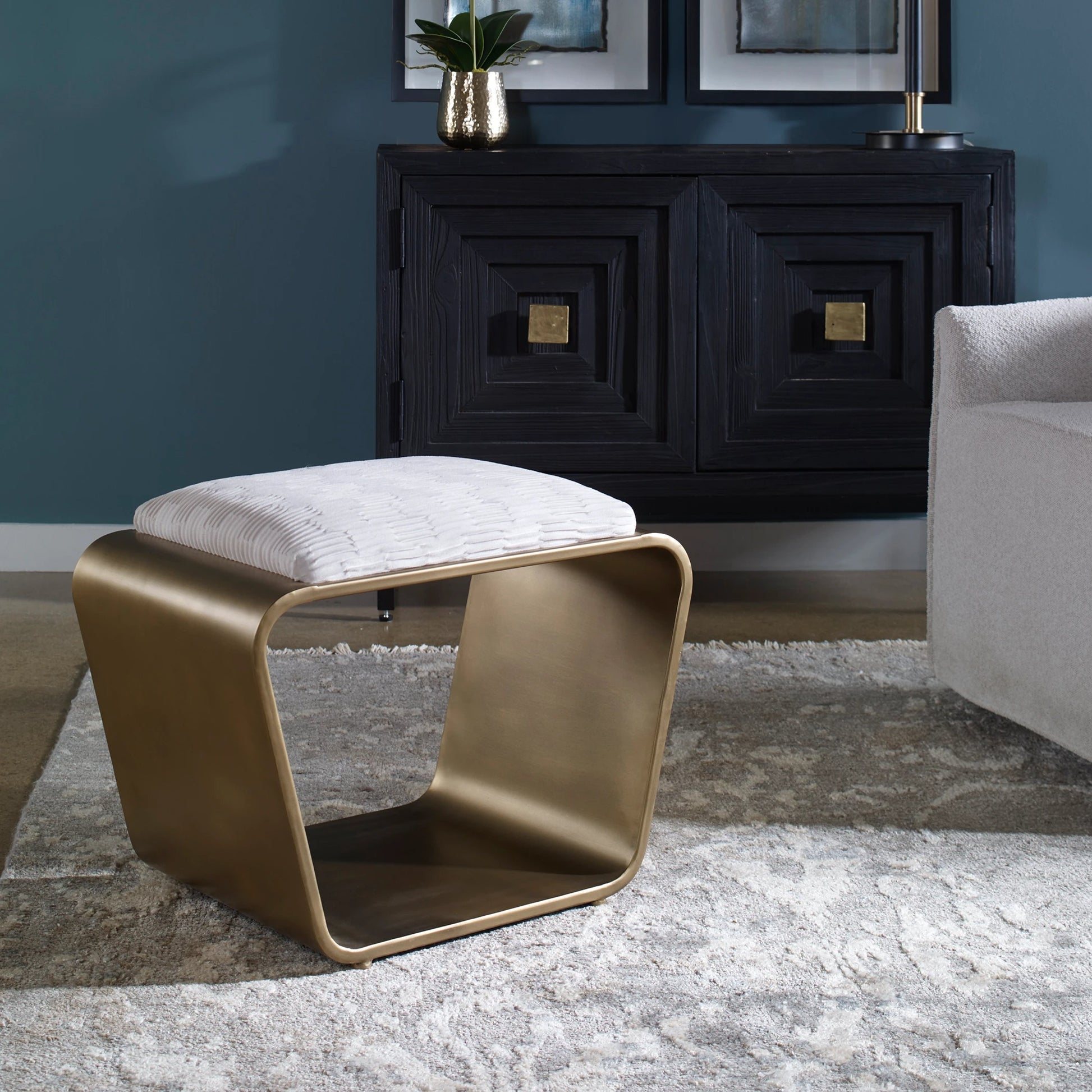 Hoop Bench by Uttermost in antique gold. Made from iron, mdf, polyester, foam in a modern style.