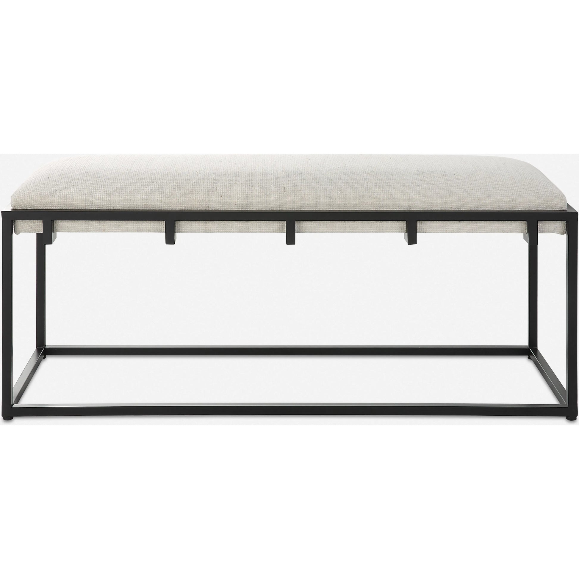 Paradox Bench by Uttermost in matte black. Made from iron, mdf, polyester, foam in a transitional style.