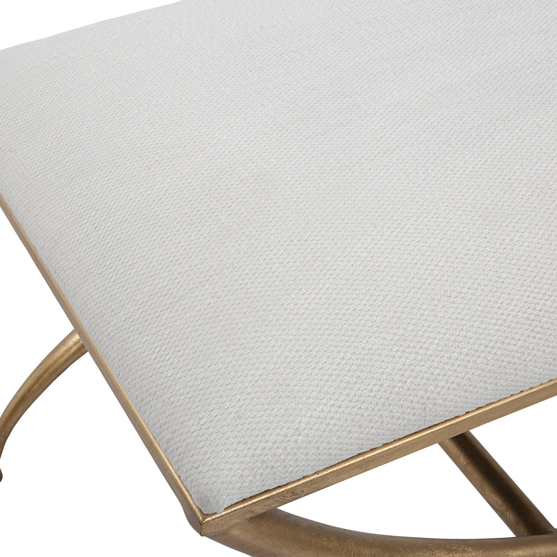 Crossing Bench by Uttermost in gold. Made from foam, fabric, iron, mdf in a transitional style.