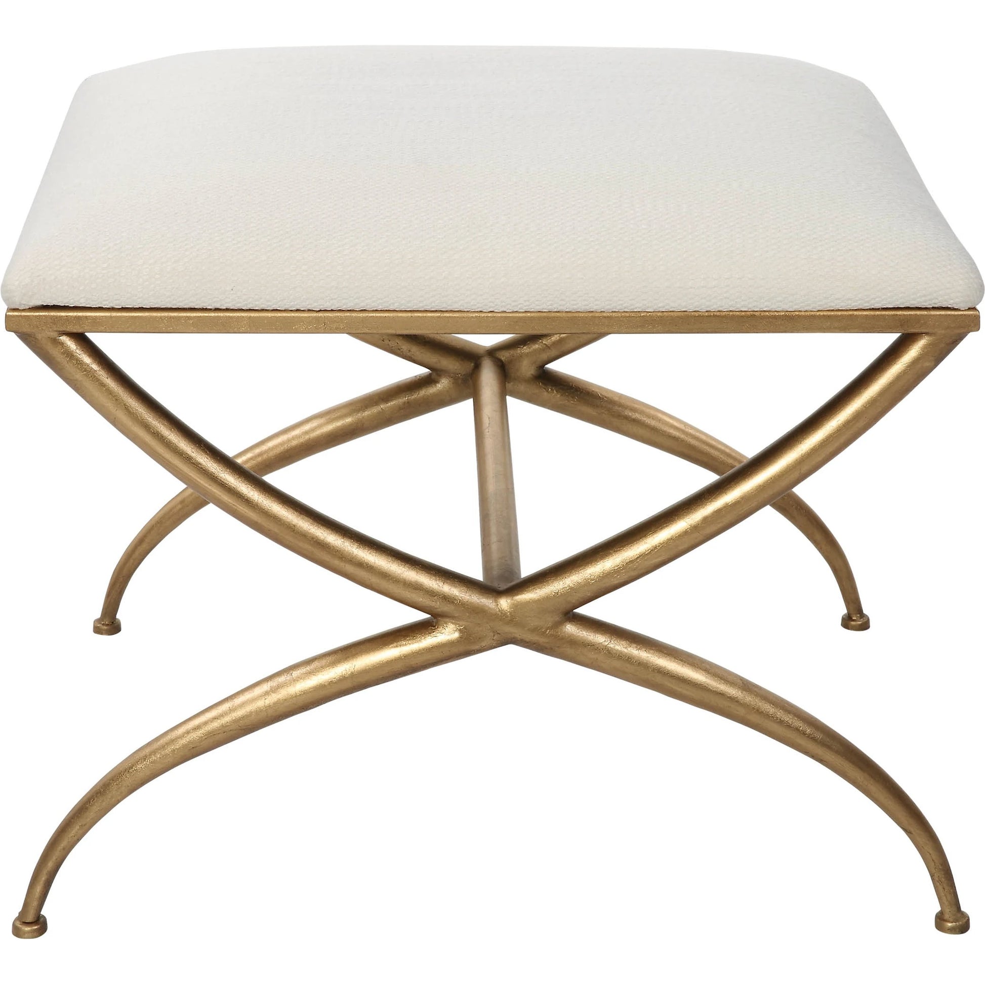 Crossing Bench by Uttermost in gold. Made from foam, fabric, iron, mdf in a transitional style.
