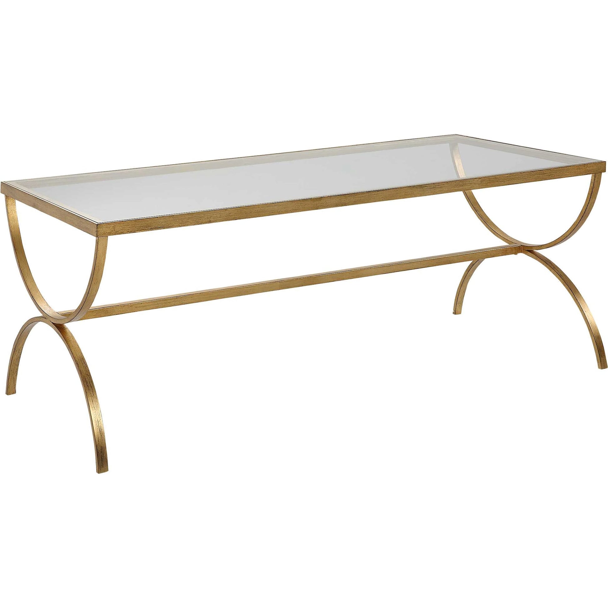 Crescent Coffee Table by Uttermost in gold. Made from iron, tempered glass in a modern style.