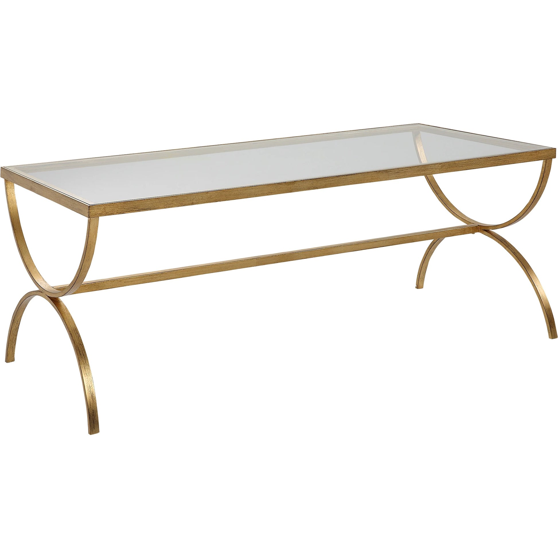 Crescent Coffee Table by Uttermost in gold. Made from iron, tempered glass in a modern style.