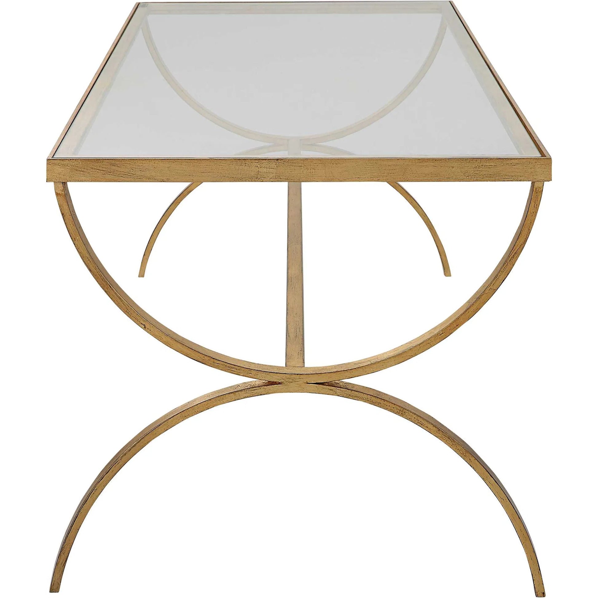 Crescent Coffee Table by Uttermost in gold. Made from iron, tempered glass in a modern style.