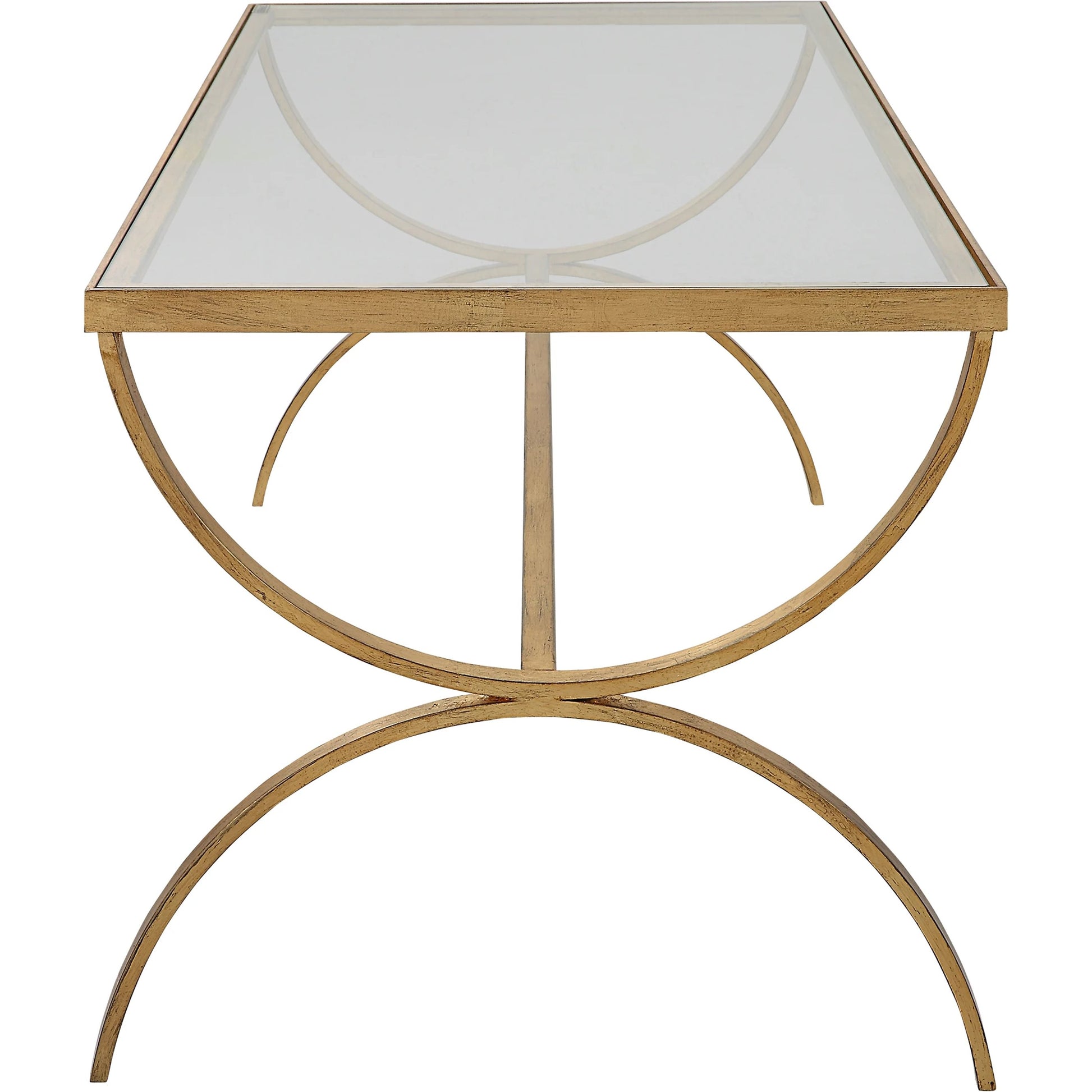 Crescent Coffee Table by Uttermost in gold. Made from iron, tempered glass in a modern style.
