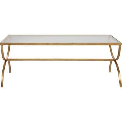Crescent Coffee Table by Uttermost in gold. Made from iron, tempered glass in a modern style.