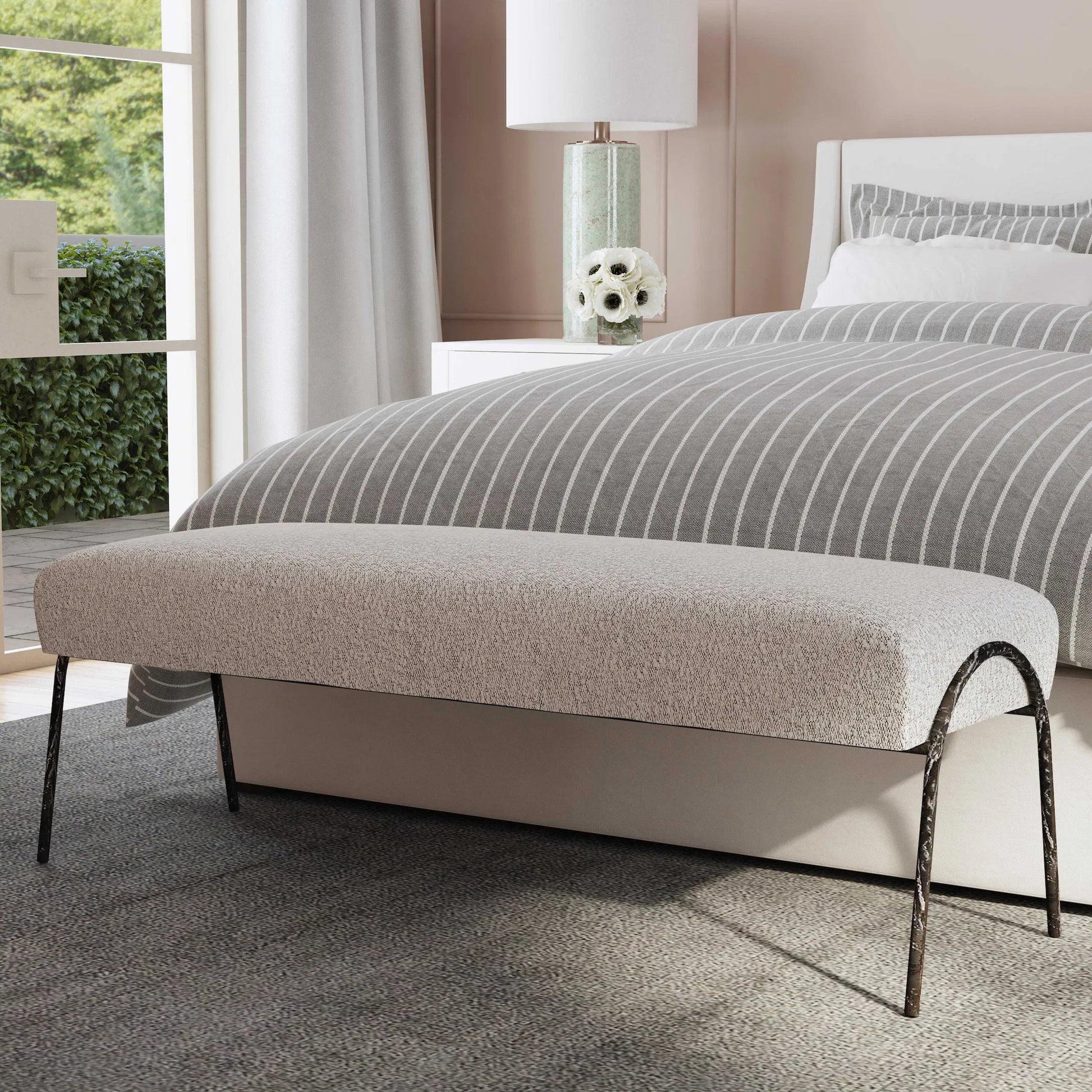 Jacobsen Bench by Uttermost in ivory, warm gray. Made from fabric, foam, plywood, iron in a modern style.
