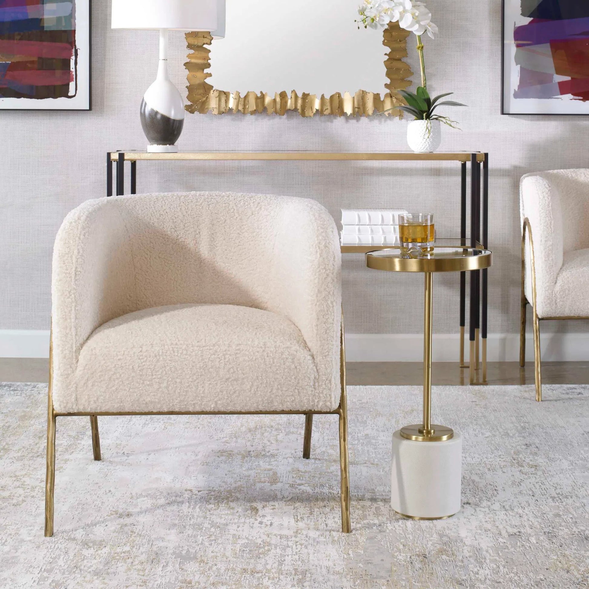 Jacobsen Shearling Accent Chair by Uttermost. Made from fabric, foam, plywood, iron in a modern style.