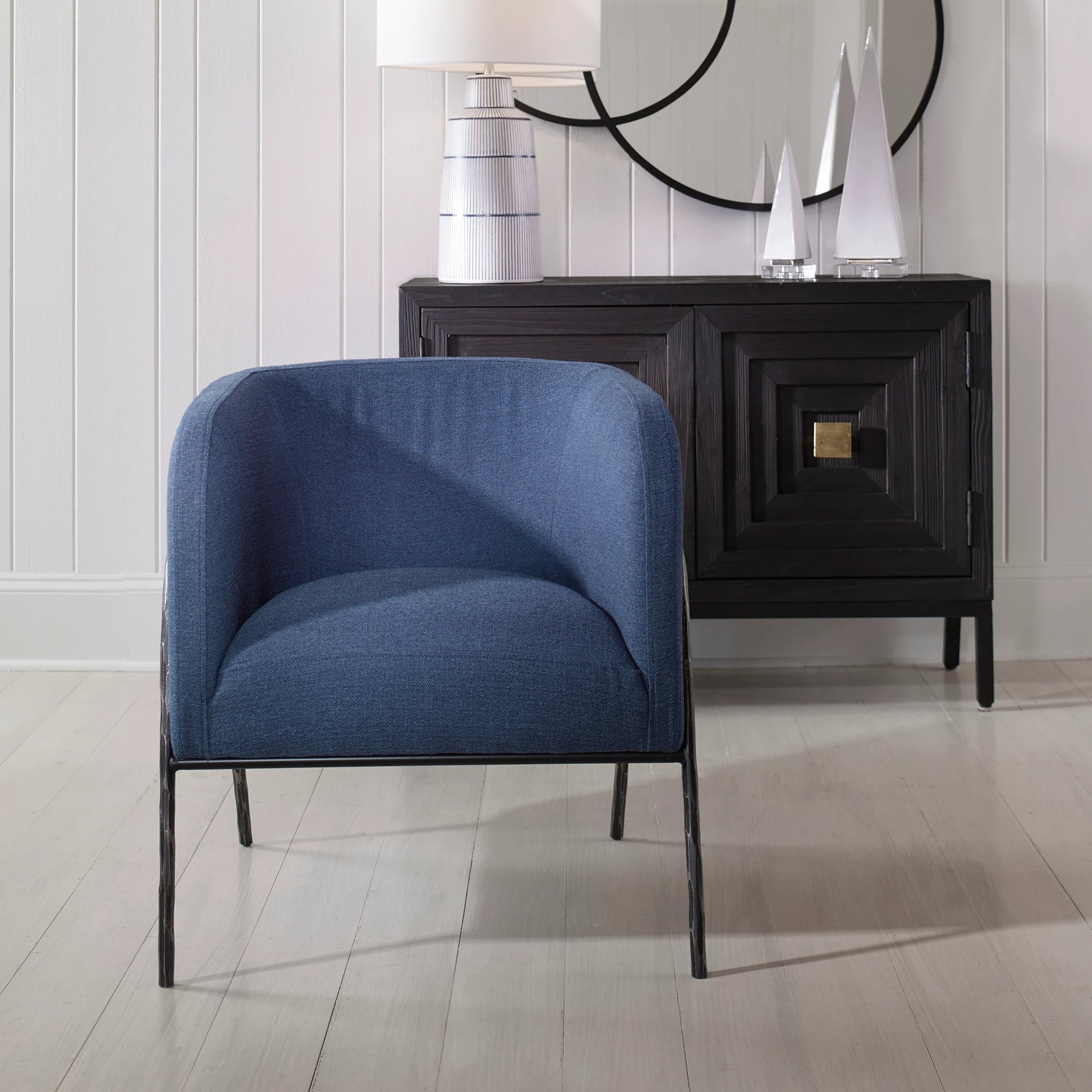 Jacobsen Denim Accent Chair by Uttermost in blue denim and blue denim. Made from fabric, foam, plywood, iron in a modern style.