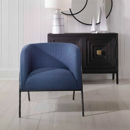 Jacobsen Denim Accent Chair by Uttermost in blue denim and blue denim. Made from fabric, foam, plywood, iron in a modern style.