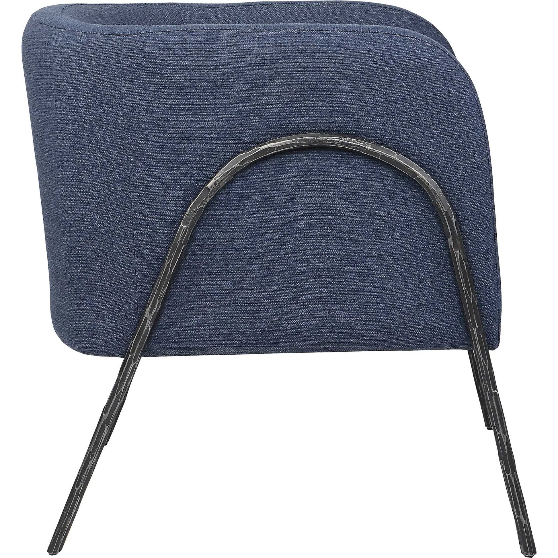 Jacobsen Denim Accent Chair by Uttermost in blue denim and blue denim. Made from fabric, foam, plywood, iron in a modern style.