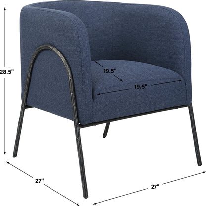 Jacobsen Denim Accent Chair by Uttermost in blue denim and blue denim. Made from fabric, foam, plywood, iron in a modern style.