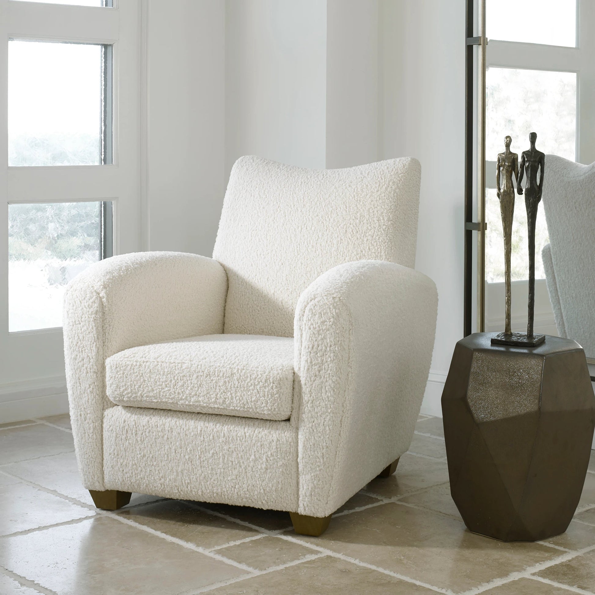Teddy Accent Chair by Uttermost in walnut. Made from rubber wood, plywood, fabric, foam in a modern style.