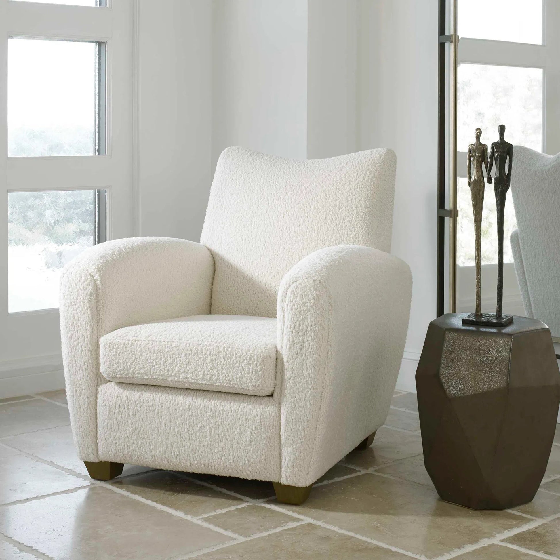 Teddy Accent Chair by Uttermost in walnut. Made from rubber wood, plywood, fabric, foam in a modern style.