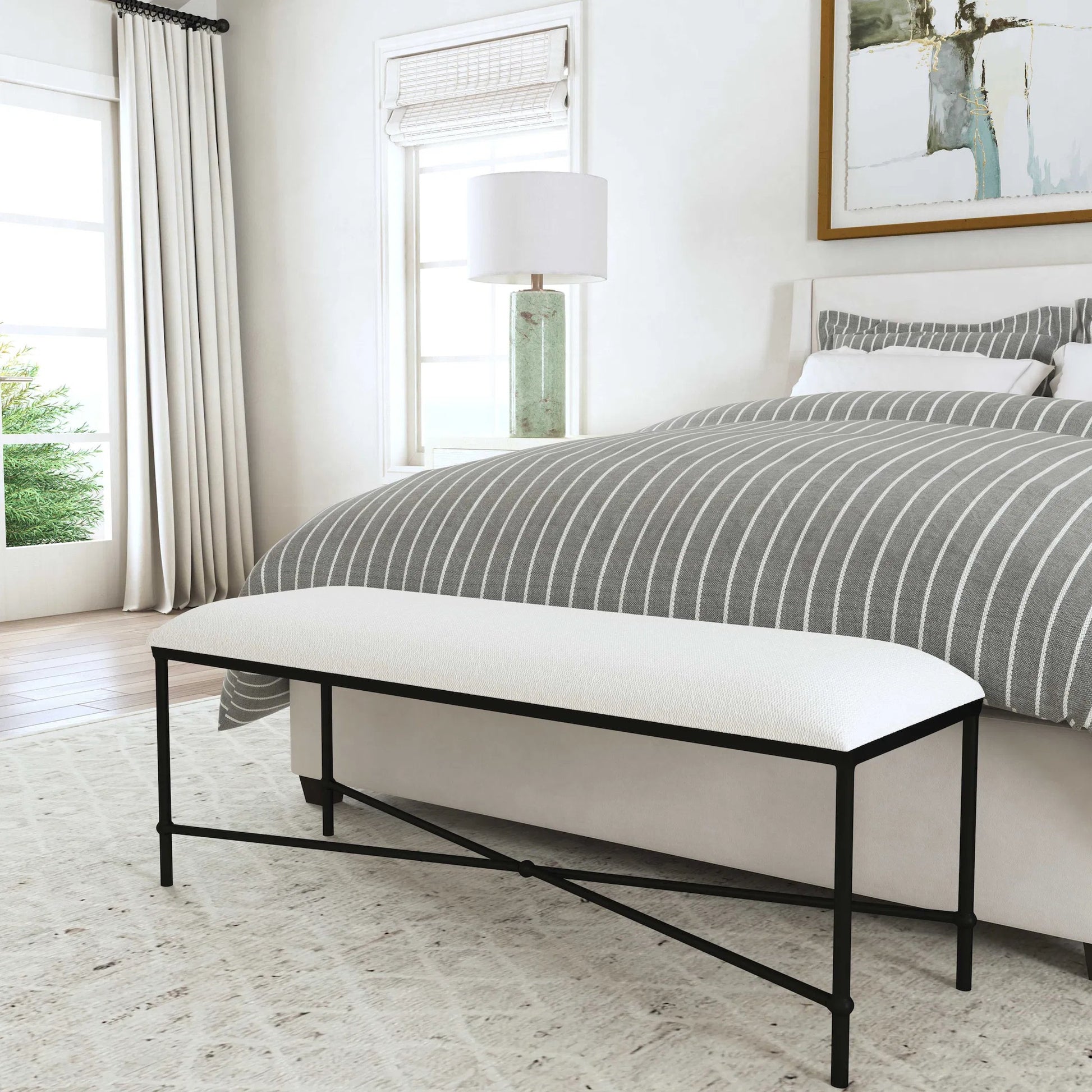 Avenham Bench by Uttermost in satin black. Made from foam, fabric, mdf, iron in a coastal style.