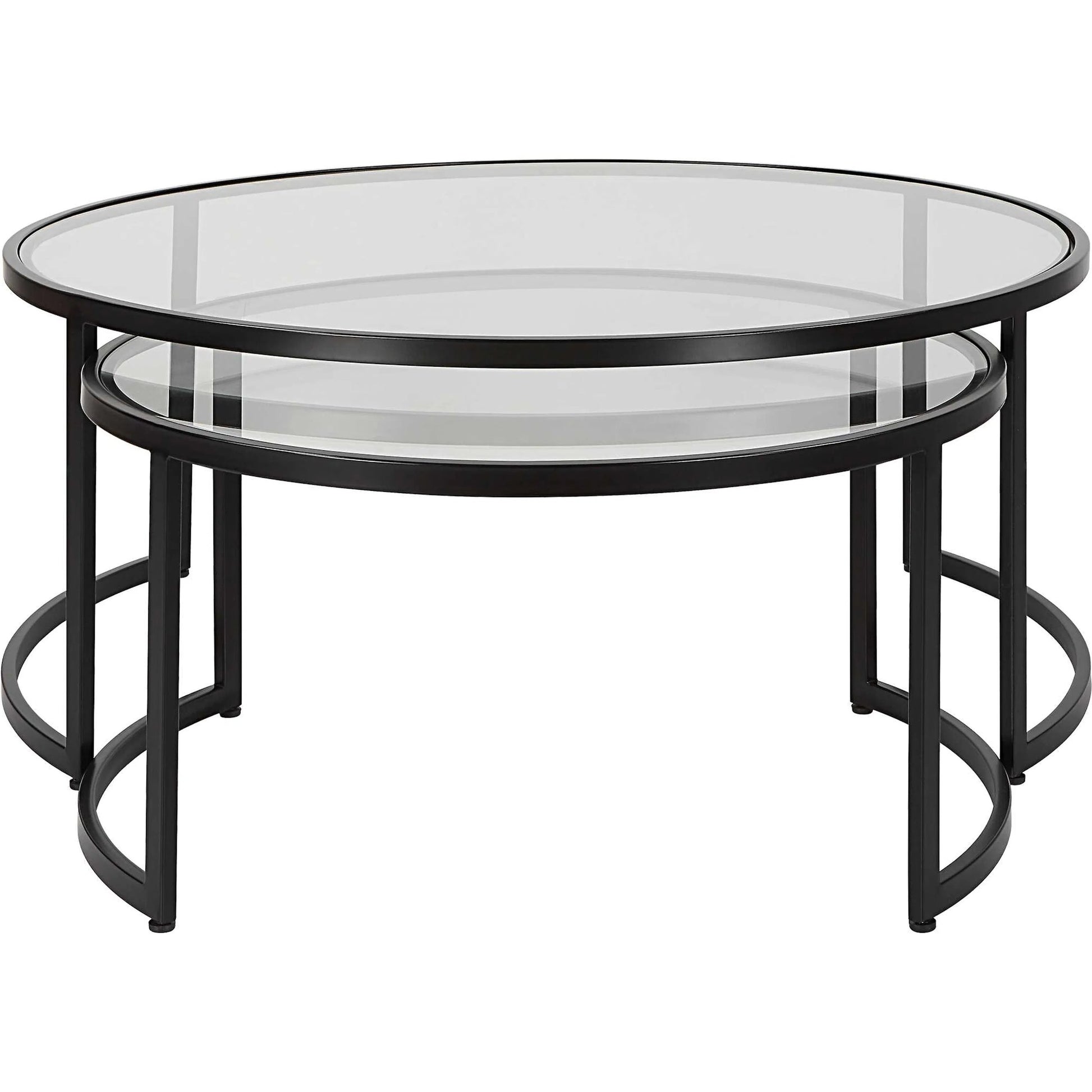 Rhea Nesting Coffee Tables by Uttermost in satin black. Made from iron, tempered glass in a modern style.