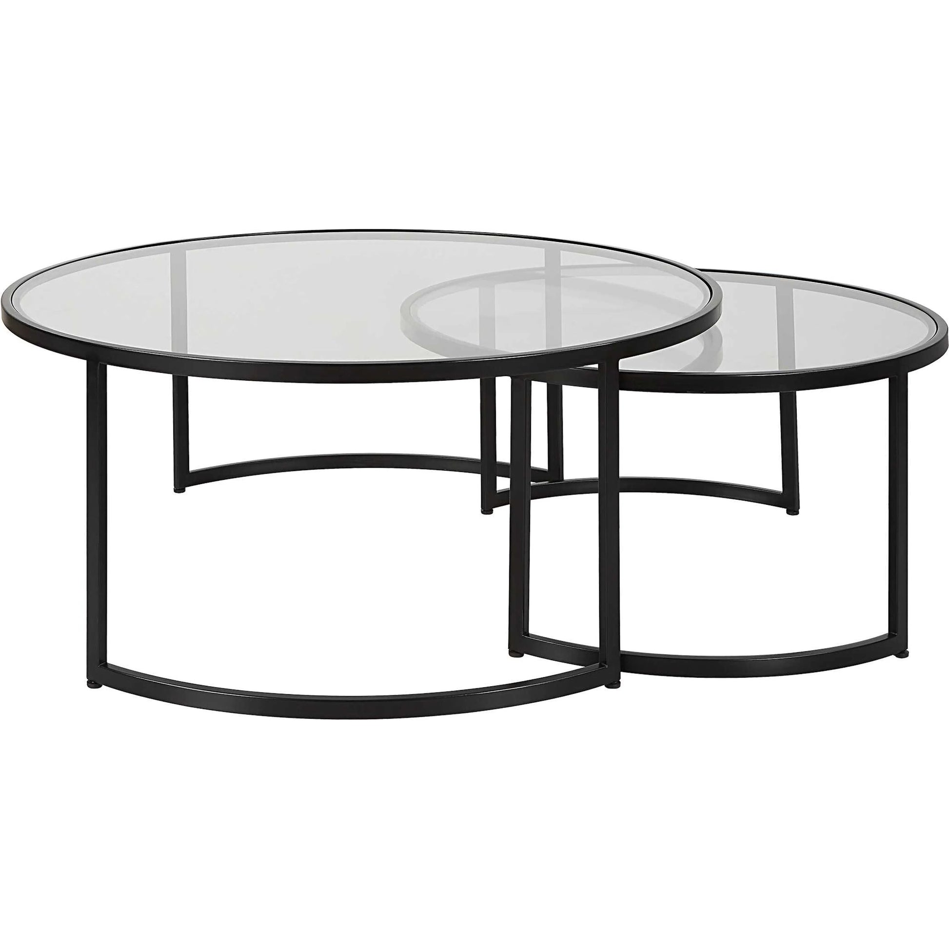 Rhea Nesting Coffee Tables by Uttermost in satin black. Made from iron, tempered glass in a modern style.