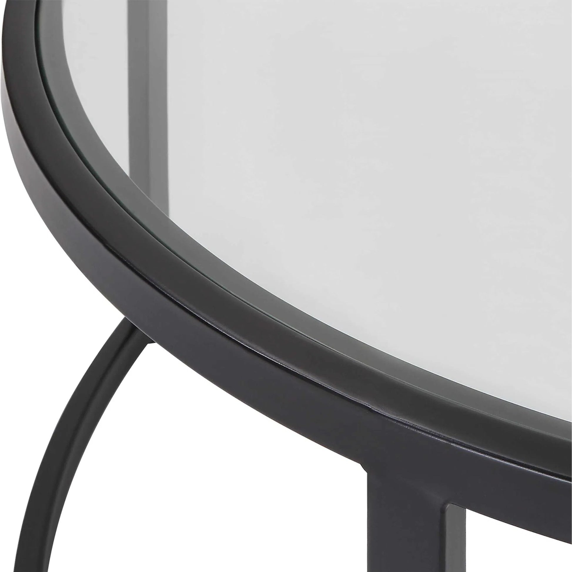 Rhea Nesting Coffee Tables by Uttermost in satin black. Made from iron, tempered glass in a modern style.