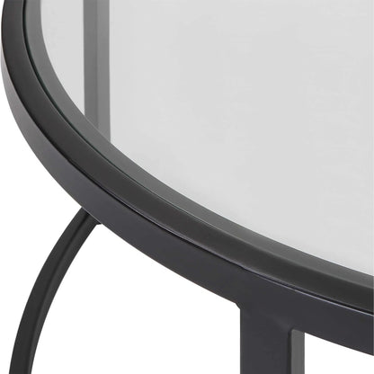 Rhea Nesting Coffee Tables by Uttermost in satin black. Made from iron, tempered glass in a modern style.