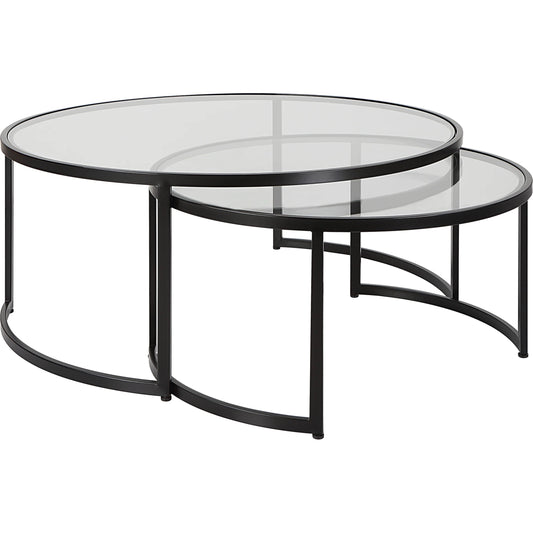 Rhea Nesting Coffee Tables by Uttermost in satin black. Made from iron, tempered glass in a modern style.