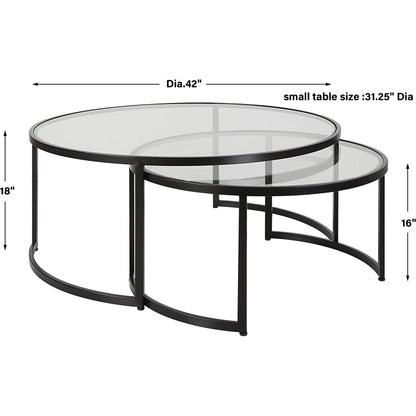 Rhea Nesting Coffee Tables by Uttermost in satin black. Made from iron, tempered glass in a modern style.
