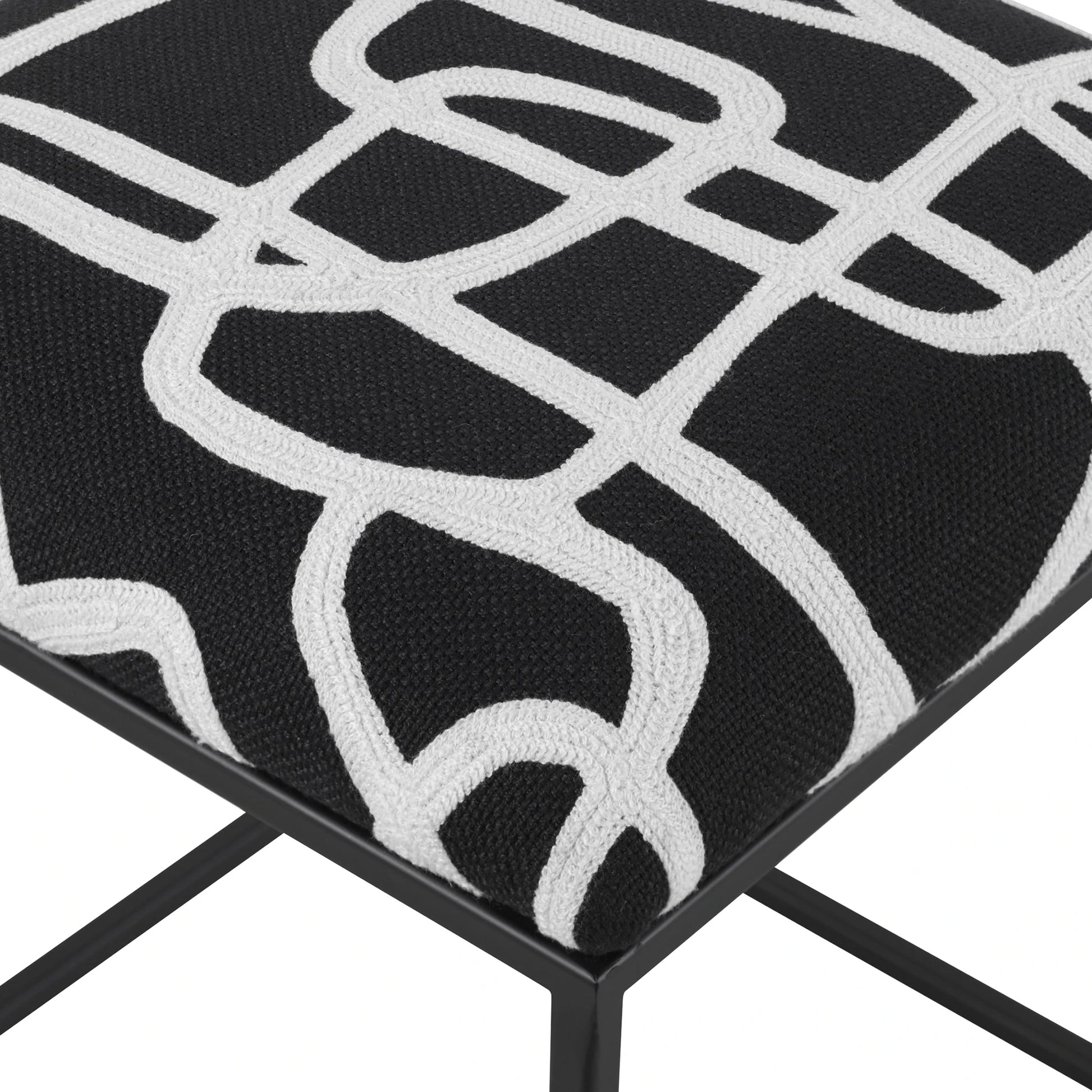 Twists and Turns Accent Stool by Uttermost in matte black. Made from iron, mdf, foam, polyester in a modern style.