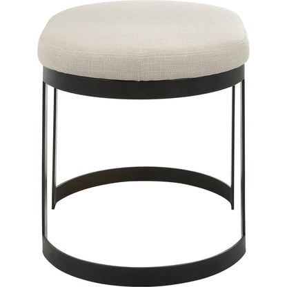 Infinity Accent Stool by Uttermost in gold. Made from metal, mdf, foam, fabric in a modern style.