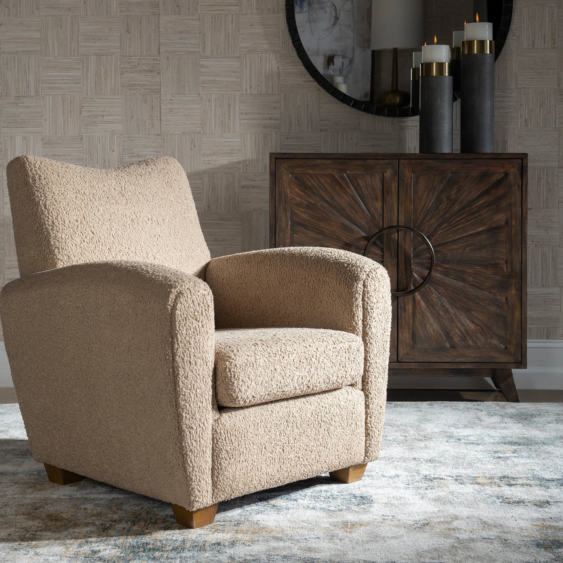 Teddy Accent Chair by Uttermost in walnut. Made from rubber wood, plywood, fabric, foam in a modern style.