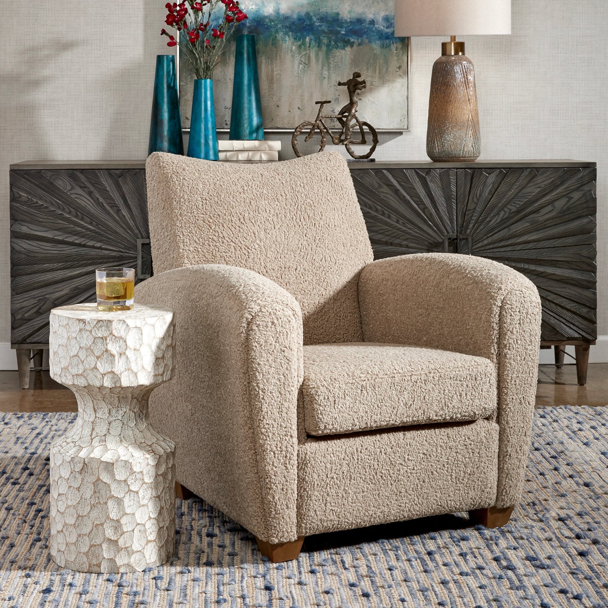 Teddy Accent Chair by Uttermost in walnut. Made from rubber wood, plywood, fabric, foam in a modern style.