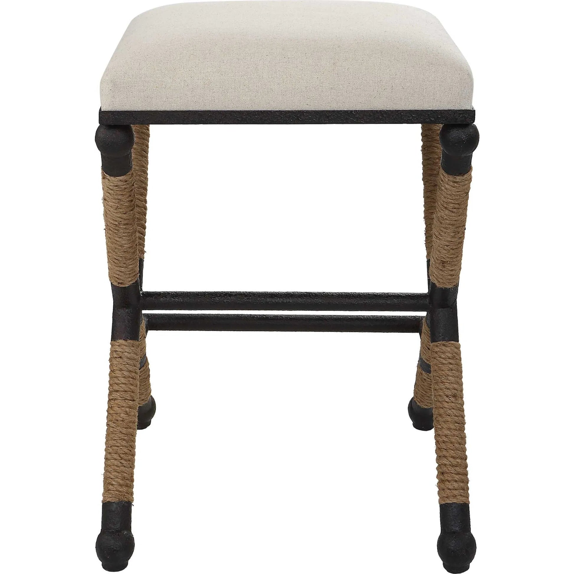 Firth Rustic Oatmeal Counter Stool by Uttermost in black, natural. Made from mdf, farbic, iron, foam, rope in a coastal style.