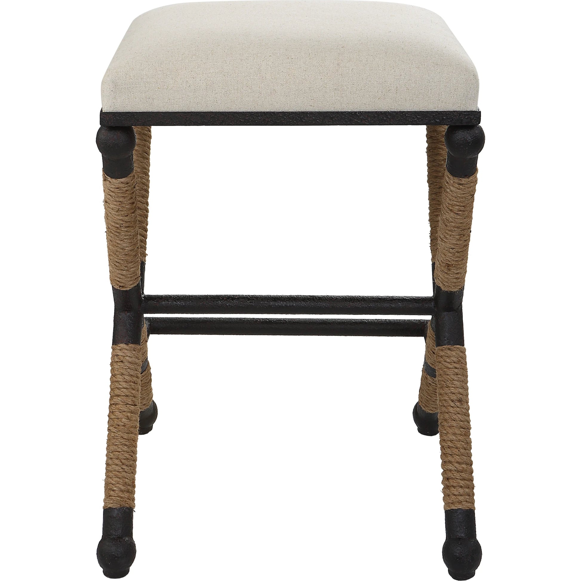 Firth Rustic Oatmeal Counter Stool by Uttermost in black, natural. Made from mdf, farbic, iron, foam, rope in a coastal style.